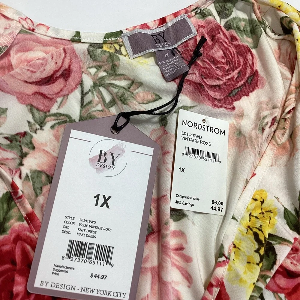 By Design Brand Floral V-Neck Maxi Dress Vintage Rose Nordstrom Tag NWT 1X - Picture 3 of 12